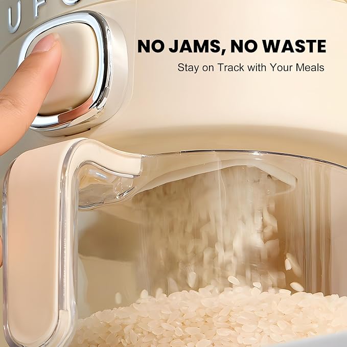 UFORU Rice Dispenser, 23-25 Lbs Rice Storage Container with Measuring Cup for Kitchen Pantry Household, Cereal Dry Food Storage Containers Airtight, Sealed Moisture Proof, Cream White
