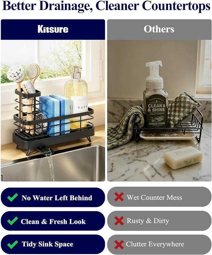Kitsure Sponge Holder for Kitchen Sink, Self-Draining Sink Caddy, Sink Organizer with Rotating Drain Spout and Movable Brush Holder for Narrow Countertops (Black, 7.9" x 3.5" x 6.0")
