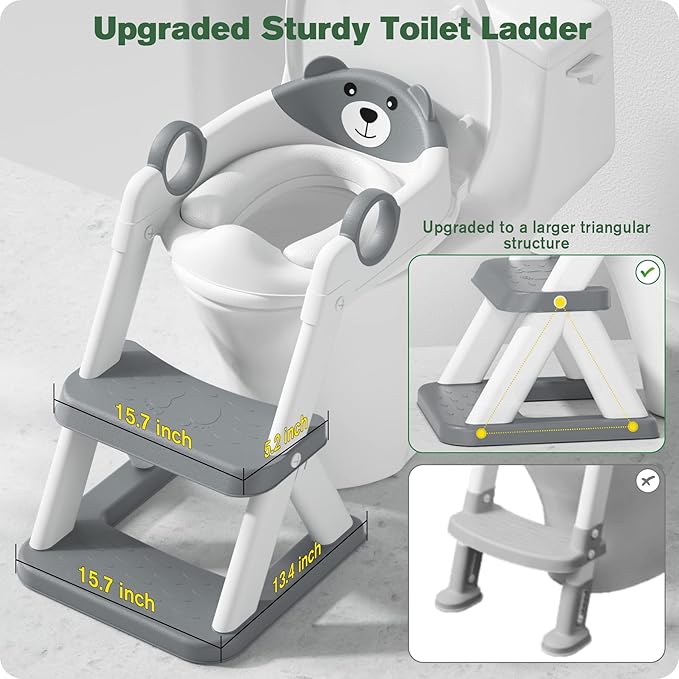 Potty Training Seat, Toddler Toilet Seat for Kids Boys Girls, 2 in1 Potty Training Toilet with Step Stool, 6 Adjustable Height, Splash Guard, Stable Triangular Anti-Slip Design(Grey)