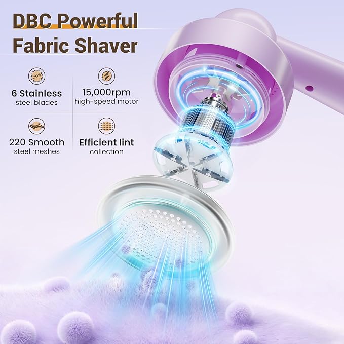 DBC Fabric Shaver & Lint Remover for Clothes, Sweaters & Furniture | 6-Leaf Blade, 3 Speeds, 2H Runtime, Portable Design Perfect for Travel, Includes 2 Extra Blades, Purple