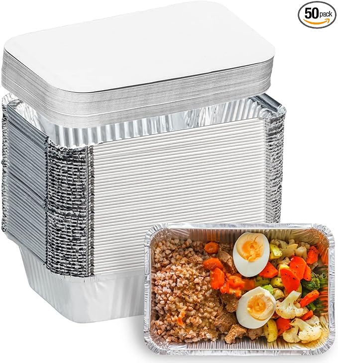 Aluminum Pans with Lids (50-Pack, 8.5"×6") 2.25 LB Capacity Foil Food Containers with Lids - 50 Pans and 50 Cardboard Covers - Disposable Tin Foil Pans - for Baking, Meal Prep and Freezer, Takeout