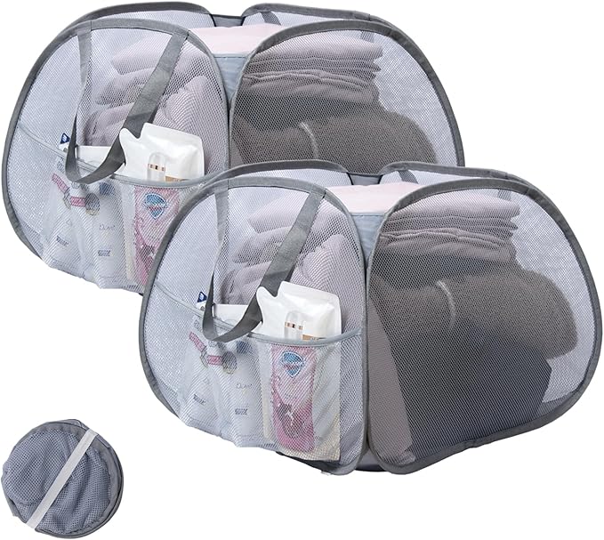 Collapsible Laundry Basket, 90L Mesh Pop-up Hamper with Handles | Foldable Storage Clothes Bag for Laundry, Bathroom, Dorm, Travel, Camping, Space-saving, Gray, 2PCS