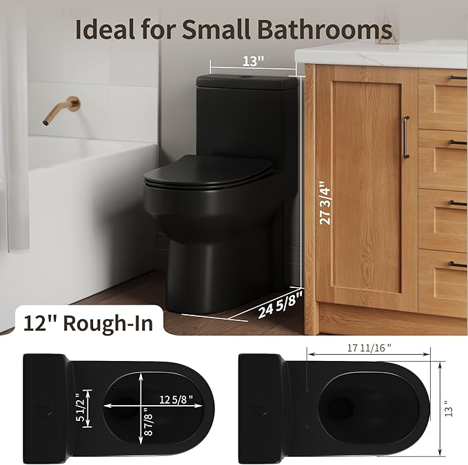 DeerValley Compact One Piece Toilet Standard Seat Height for Small Bathroom Dual Flush 1.1/1.6 GPF Powerful and Quiet 12'' Rough-In Skirted Toilet DV-1F52812B