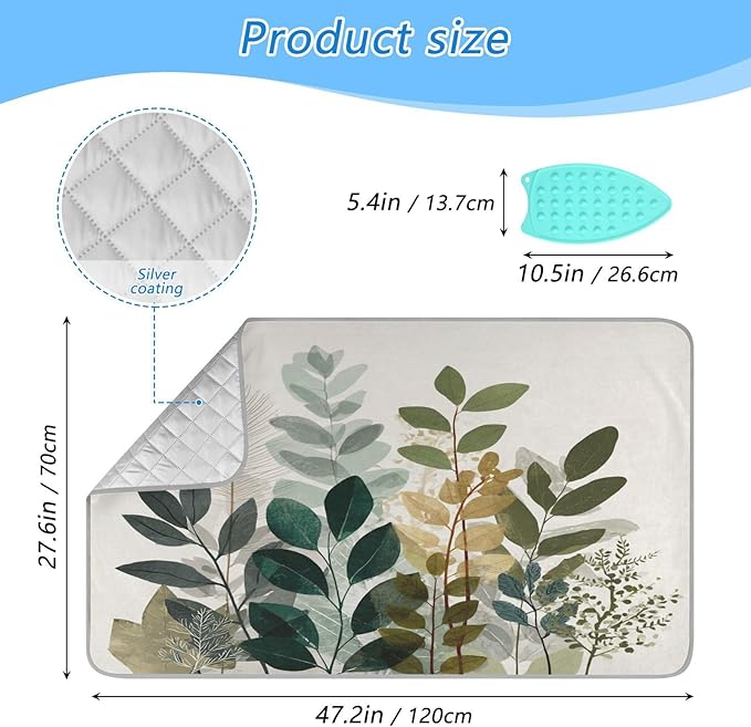 Beige Boho Style Leaves Ironing Mat Portable Ironing Pad Blanket with Silicone Iron Rest for Table Top Travel Heat Resistant Double-Side Using Large 47x28 Inch Foldable