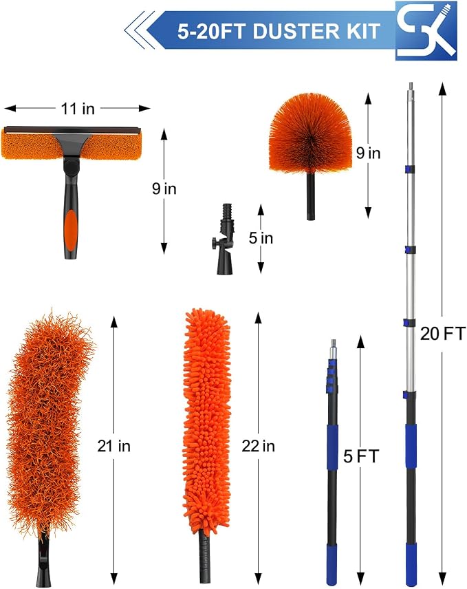 26 Foot High Reach Duster Kit with 5-20 ft Telescoping Extension Pole, High Ceiling Duster, Cobweb Duster, Window Squeegee, Feather Duster, Outdoor & Indoor Extendable Duster Cleaning Kit