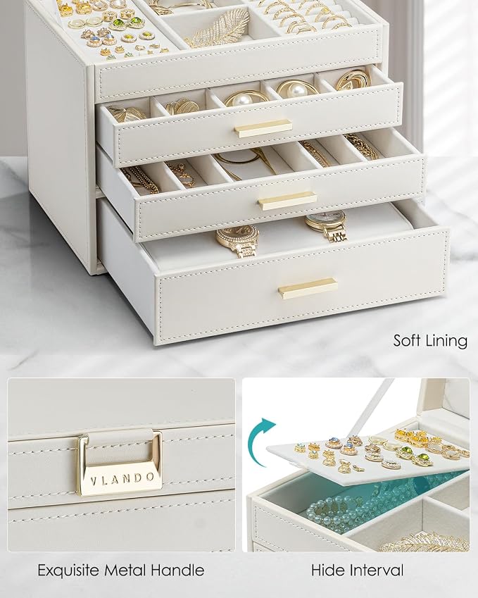 VLANDO 4 Layer Large Jewelry Box - Jewelry Holder Organizer, Jewelry Box Organizer for Drawer Necklace Ring Bracelet and Watch, Birthday Gift for Loved Ones - Beige