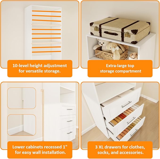 Closet System with 6 Drawers & 8 Shelves, Wood Closet Organizer System with 2 Extra Hanging Rod for Walk in Closet, Modular Closet Organizer System White(4FT)