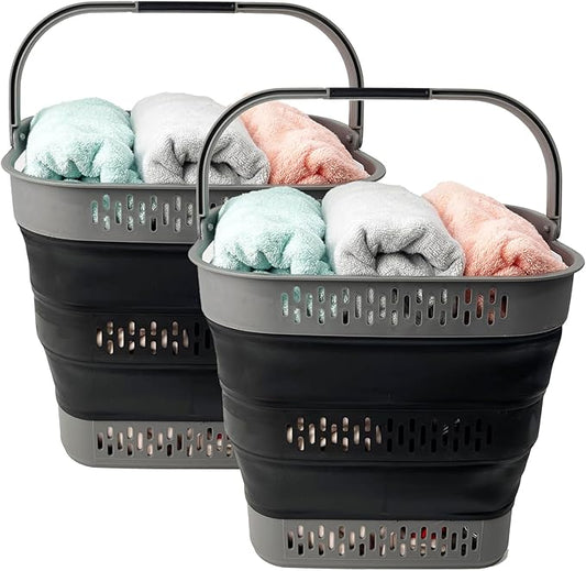 SAMMART 38L (10 Gallon) Collapsible Plastic Laundry Basket - Portable Pop-Up Storage Container/Organizer – Foldable Space Saving Laundry Hamper (2, Grey/Black)
