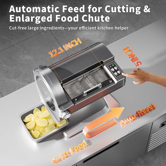 Commercial Vegetable Chopper, 300W Auto Feed Stainless Steel Vegetable and Meat Slicer, 4-In-1 Food Cutter Machine with 1-10mm Slicing, 3mm Shredding & 2 Dicing Sizes, 440LBS/H Output, 110V