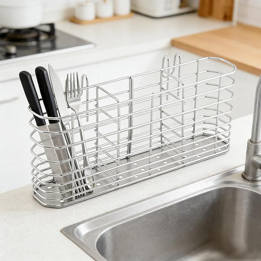 3-Compartment Utensil Holder, Drainage Basket for Kitchen | 304 Stainless Steel Hook Design Silverware Drying Rack with Three Dishwashing Sponges and a Dishcloth