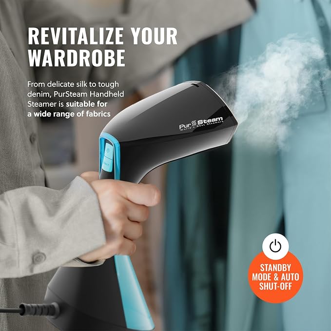 PurSteam SteamWave Handheld Garment Steamer - Fast Heat-Up 3 Steam Settings | 1650W | 25-Min Continuous Steam | 8.45 oz Removable Tank | Ceramic Soleplate | Auto Shut-Off | Portable for Home & Travel