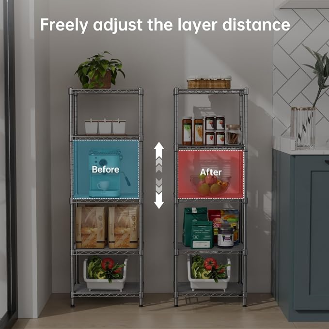 Golpart 5Tier Adjustable Storage Shelves Metal Wire Shelving Standing Shelf | Utility Heavy Duty Unit Rack Closet Organize for Home Kitchen Laundry Room Organization Pantry 10"Dx16"Wx55"H Grey
