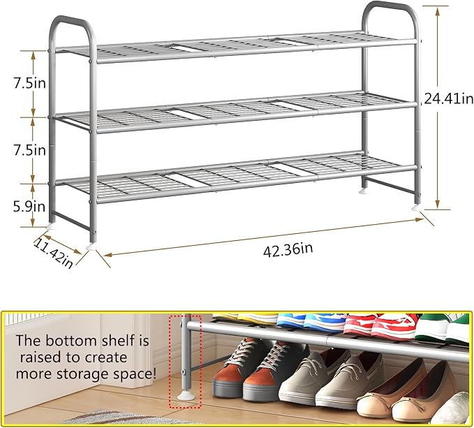 LINZINAR 3 Tier Long Shoe Rack for Closet Metal Shoe Organizer for Entryway | Spacious design stores 20+ pairs of shoes,durable metal frame,space-saving organizer for closet, hallway, and Entryway Grey