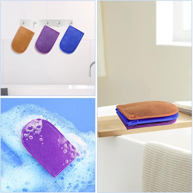 African Net Sponge Exfoliating Gloves, 3-Pack Bath Mitts for Deep Cleaning & Dead Skin Removal, Assorted Colors （Brown, Blue, Purple）
