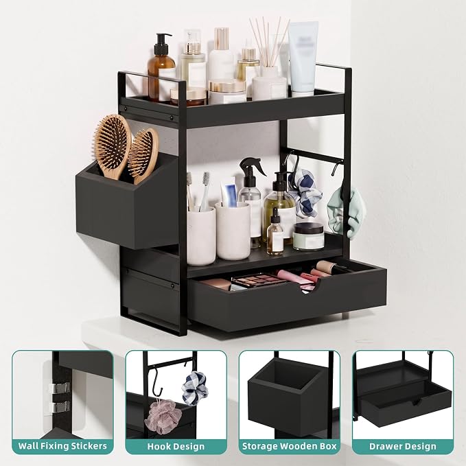 Kottwca 2-Tier Bathroom Counter Organizer with Drawer, Basket & Hooks, Wooden Vanity Shelf for Skincare, Perfume & Makeup Storage(Black)