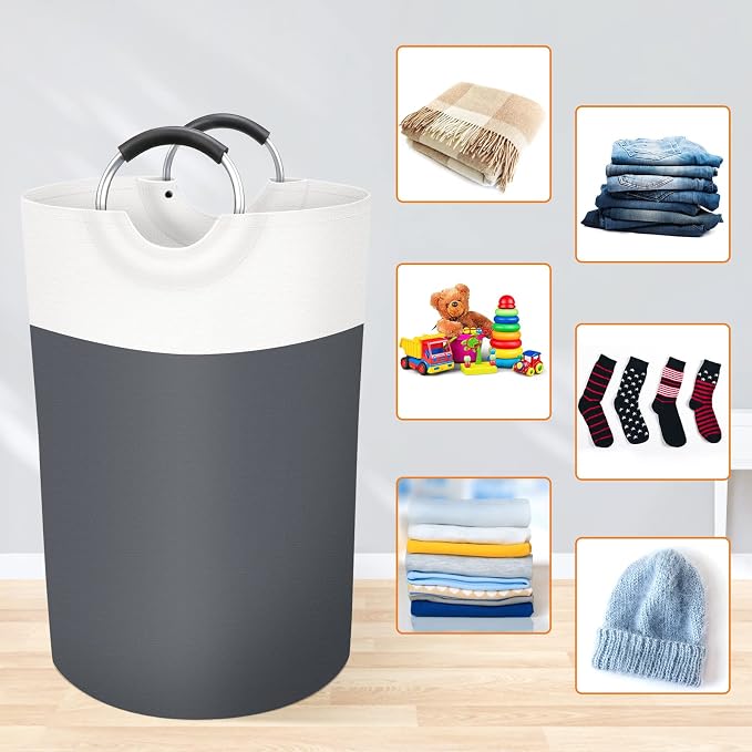 BlissTotes 75L Laundry Basket, Freestanding Collapsible Hamper, Gray | Collapsible Dirty Clothes Hamper, Foldable Laundry Bag for Dorm, Waterproof Fabric, Padded Aluminum Handles