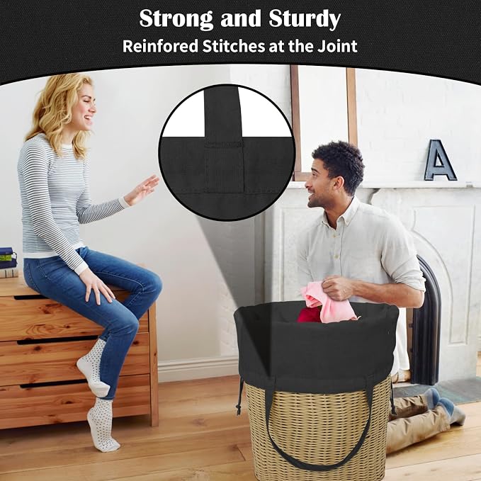 Canvas Laundry Bags with Handles & Square Base 16"Wx16"D x27.6"H, Black | Extra Large Heavy Duty Laundry Basket Hamper Liner Replacement, Washable Drawstring Dirty Clothes Bag, Canvas Storage Sack