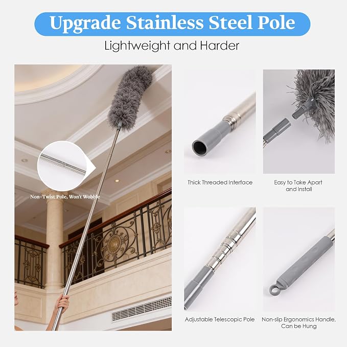 Microfiber Feather Duster Kit with Extension Pole, 7 PCS Washable Reusable Duster for Cleaning, 100'' Bendable Extendable Long Duster with Stainless Steel Pole for High Ceilings, Fans, Furniture & Car