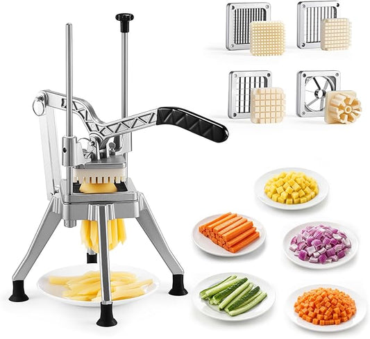 VEVOR French Fry Cutter, Commercial Vegetable Chopper with 4 Replacement Blades, 1/2", 3/8", 1/4" Blade Easy Dicer Chopper and 6-wedge Apple Corer, 420J2 Stainless Steel, for Restaurant Kitchen