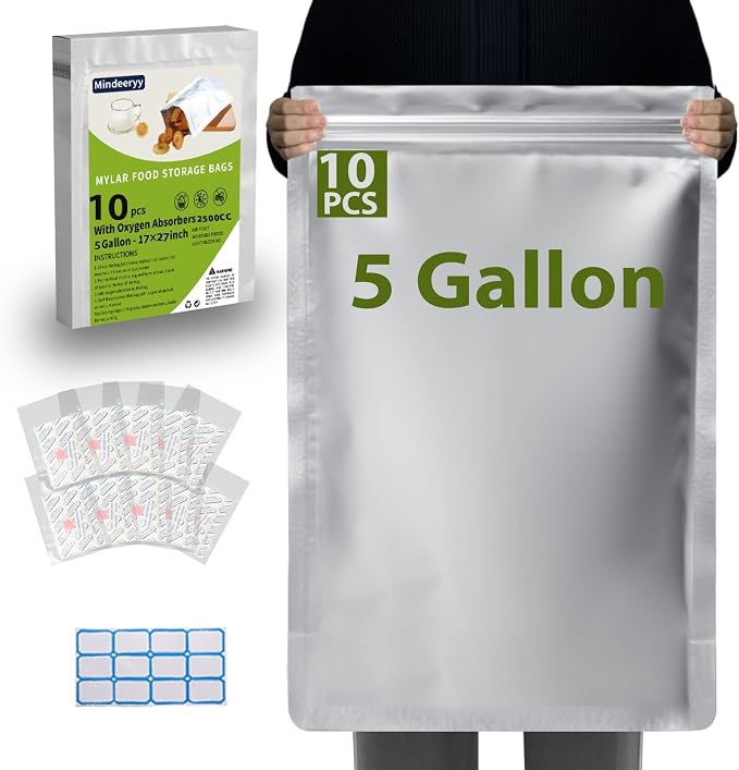 10pcs 5 Gallon Mylar Bags for Food Storage with Oxygen Absorbers and Labels | 17x27 Inch Zipper Pouches Resealable Extra Thick 10 Mil for Long Term Food Container Sets,Heat Sealable