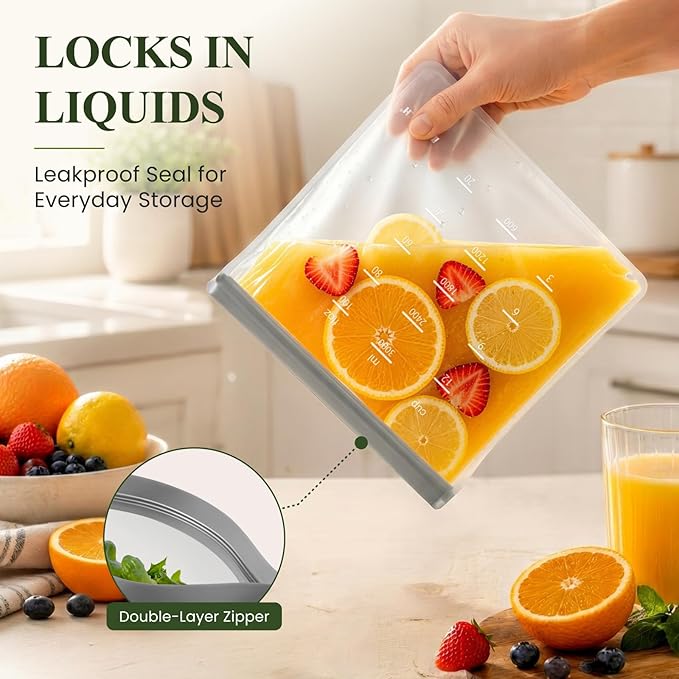 Dishwasher Safe Reusable Storage bags Stand Up - BPA Free Reusable Sandwich bags - Leakproof Gallon Freezer bag, Food Storage bag - Grey 9 Sandwich