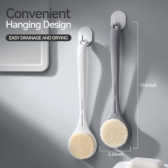 Back Scrubber for Shower for Men Women, Body Brush with Long Handle, Exfoliating Bath Washer with Soft Bristles, Body Exfoliator for Wet or Dry Brushing, Back Scrub Deep Cleaning, Gray
