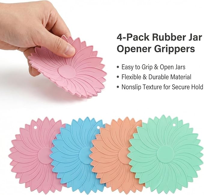 4 Pack Silicone Jar Opener Gripper Pads, Non-Slip Grippers for Opening Jars, Easy-Twist Jar Openers for Weak Hands and Seniors, Dishwasher Safe, Heat Resistant (Candy Colors)