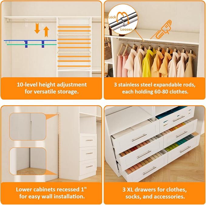 Closet System with 9 Drawers, 8FT-17FT Closet Organizer System Storage Storage Adjustable with 9 Cuttable Shelves for Walk in Closet with 9 Expandable Hanging Rods, 3 Sets , White