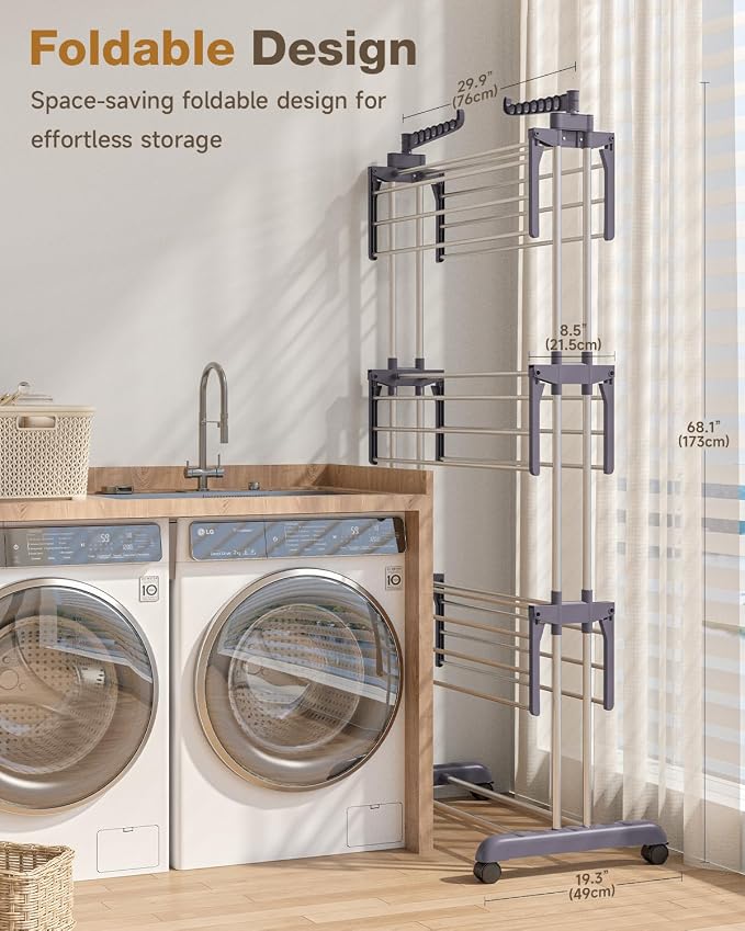 Bigzzia Clothes Drying Rack Folding with Wheels Drying Rack Clothing Clothes Horses Rack Stainless Steel Laundry Drying Rack with Two Side Wings 4 Tier Grey