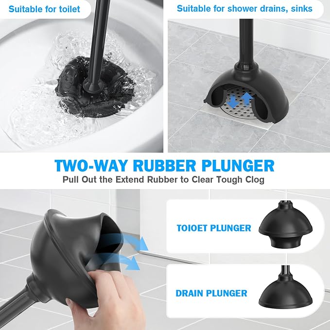 Toilet Plunger and Brush Set, 2 Pack Bowl Brush and Heavy Duty Toilet Plunger with Ventilated Holder, 2-in-1 Toilet Brush and Plunger Combo for 5.3-inch Toilet Drain Bathroom Deeply Cleaning(Black)