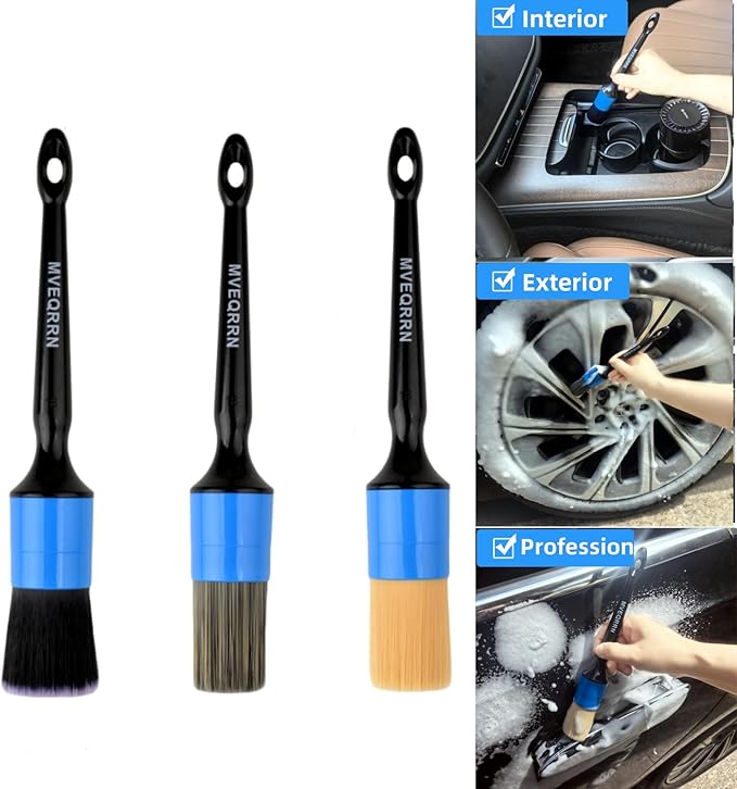 MVEQRRN 6pcs Car Detailing Brush Set,Boars Hair Detail Brushes(Blue) | Ultra Soft Car Detailing Brushes for Air Vents,Leather Seats,No Scratch Auto Detailing Brushes for Interior Exterior