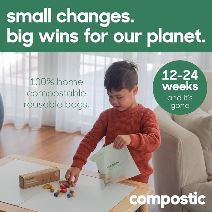 Compostic Compostable XL Sandwich Bags (180 + 20 Count) Bulk Pack — Resealable Zip-Seal, Plant-Based, Home Compostable, Freezer & Microwave Safe, BPA-Free, Non-Toxic, GMO-Free Food Storage Bag
