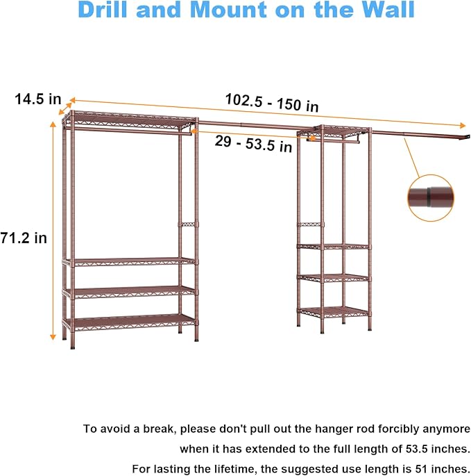 Ulif E11 Heavy-Duty Garment Rack, Metal Freestanding Clothes Rack and Closet Storage Organizer System with 8 Shelves and 4 Hanger Rods, (73.2-97.6)" W x 14.5" D x 71.2" H, Load 1034 LBS, Bronze