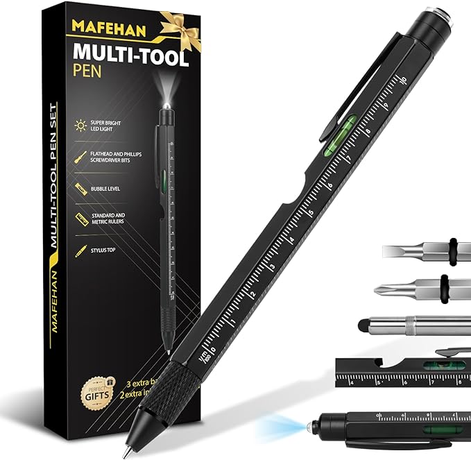 MAFEHAN 9-in-1 Multitool Pen, Gifts for Men Dad Husband Grandpa | LED tool pen gifts for men who have everything; aluminum EDC pen for writing, measuring, fixing and touchscreens.