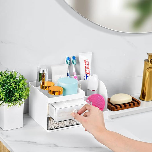 VITVITI Toothbrush Holders for Bathrooms Countertop, 6 Slots Toothpaste Bathroom Counter Sink Organizer with Drawers, Plastic Bathroom Organizer for Vanity/Makeup/Office White