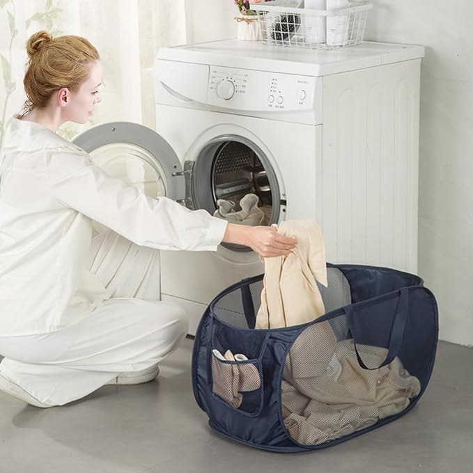 Sturdy Mesh Laundry Hamper Basket Bag,collapsible Pop up for Laundry Room | Folding Foldable Baskets with Side Pocket Travel Clothes Organizer for Bathroom,Kids Room,College Dorm (Horizontal,Pink)