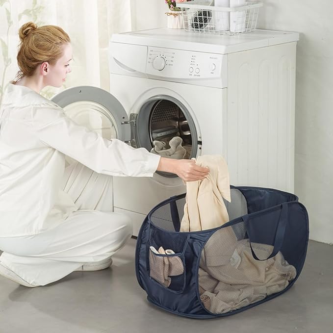 Sturdy Mesh Laundry Hamper Basket Bag,collapsible Pop up for Laundry Room | Folding Foldable Baskets with Side Pocket Travel Clothes Organizer for Bathroom,Kids Room,College Dorm (Horizontal,Grey)
