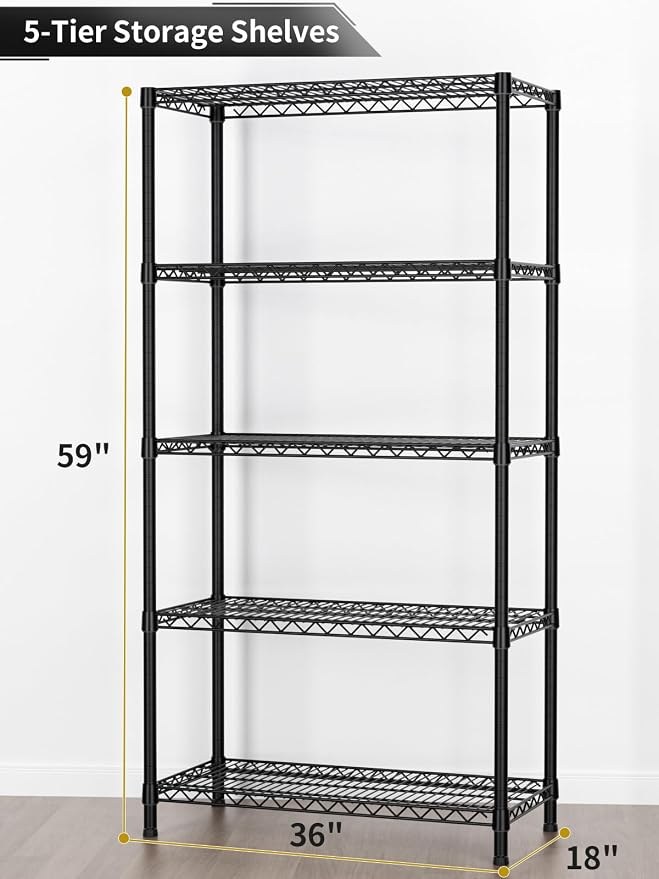 Golpart 5Tier Adjustable Storage Shelves Metal Wire Shelving Standing Shelf | Utility Heavy Duty Unit Rack Closet Organize for Home Kitchen Laundry Room Organization Pantry 18"Dx36"Wx72"H Black