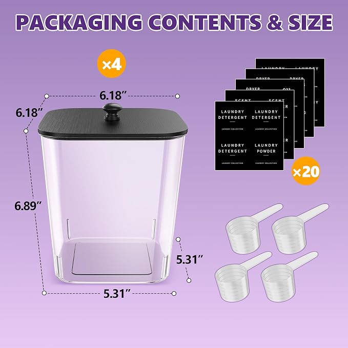 Moforoco 4 Pcs Laundry Pods Container, Clear Laundry Room Organization Containers,Large Detergent Powder Storage, Black Wooden Lids & Labels Dry Sheet Holder