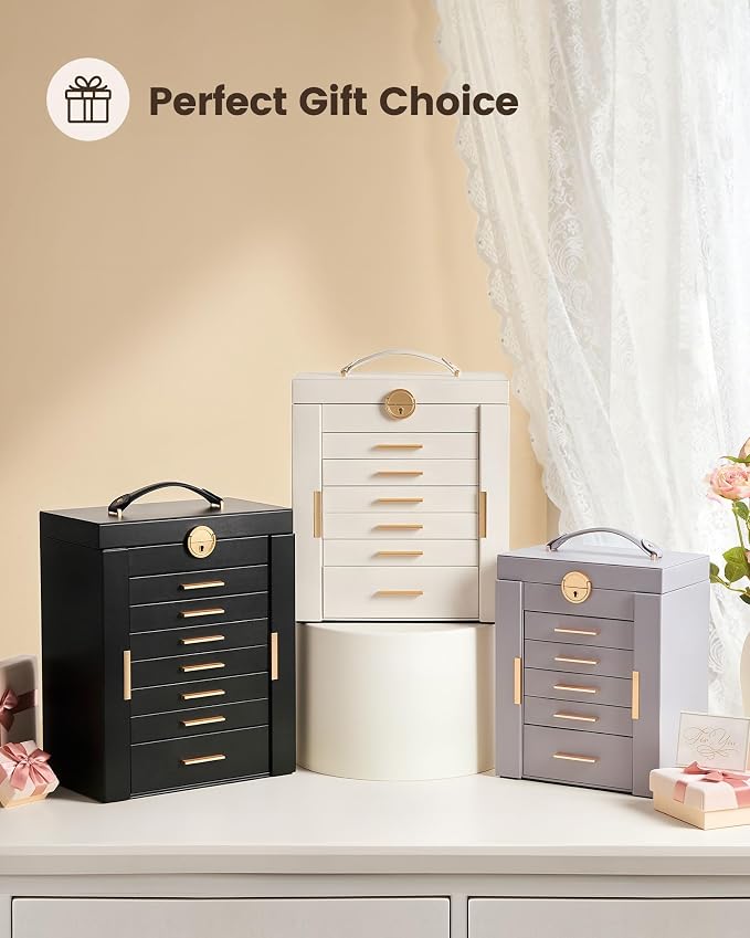 Lolalet Large Jewelry Box Organizer for Women, 6-Layer Jewelry Organizers and Storage Case with Mirror & 5 Drawers, Lockable Watch Ring Earring Bracelet Necklace Holder Girls Gift -6Layer, Beige