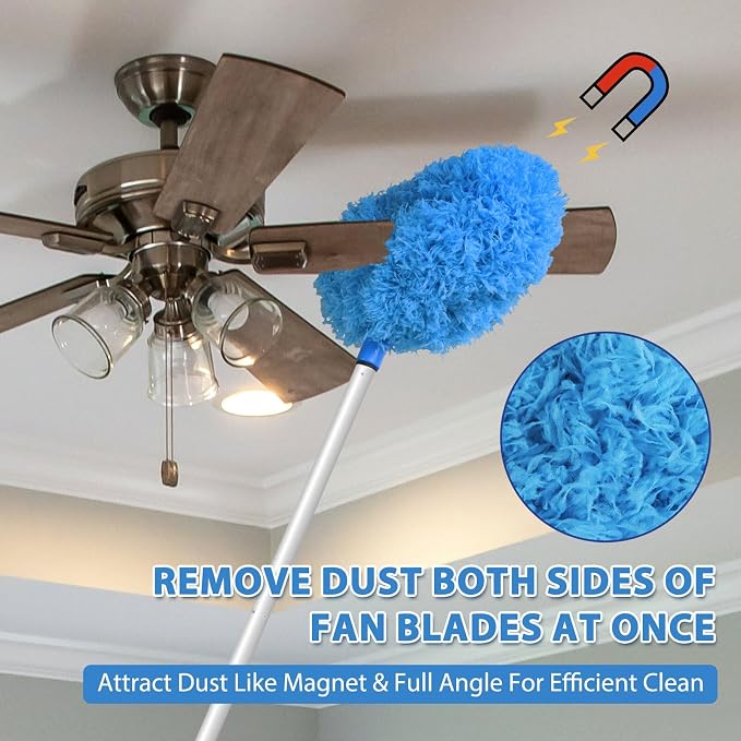 FONUNO Ceiling Fan Cleaner Duster High Ceiling Extended Fan Blade Cleaner | Reusable Microfiber Ceiling Fan Duster with Extension Handle from 13 to 50 Inch for Furniture Bookshelves Wall Door, Blue