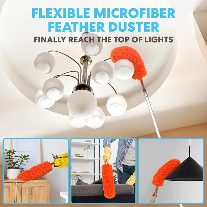 Simpli-Magic 20 Foot High Ceiling Duster Kit with 5-12ft Heavy Duty Extension Pole,High Reach Duster for Cleaning,Microfiber Feather Duster,Cobweb & Ceiling Fan Duster,Window Squeegee & Cleaner,Orange