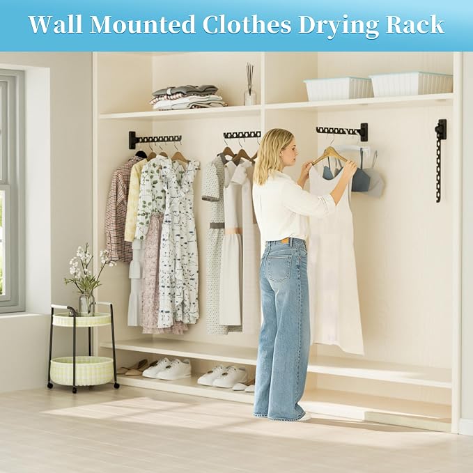 Alise Clothes Drying Racks Wall Mounted Coat Hangers,Black,2 Pcs | Foldable Hangers Clothes Hook Closet Storage Organizer,Swivel Space Saving Clothes Hanger Rack for Bedroom Bathroom Laundry