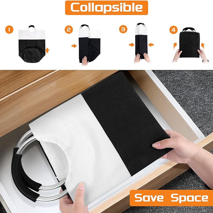 BlissTotes 90L Laundry Basket, Freestanding Collapsible Hamper, Black | Collapsible Dirty Clothes Hamper, Foldable Laundry Bag for Dorm, Waterproof Fabric, Padded Aluminum Handles