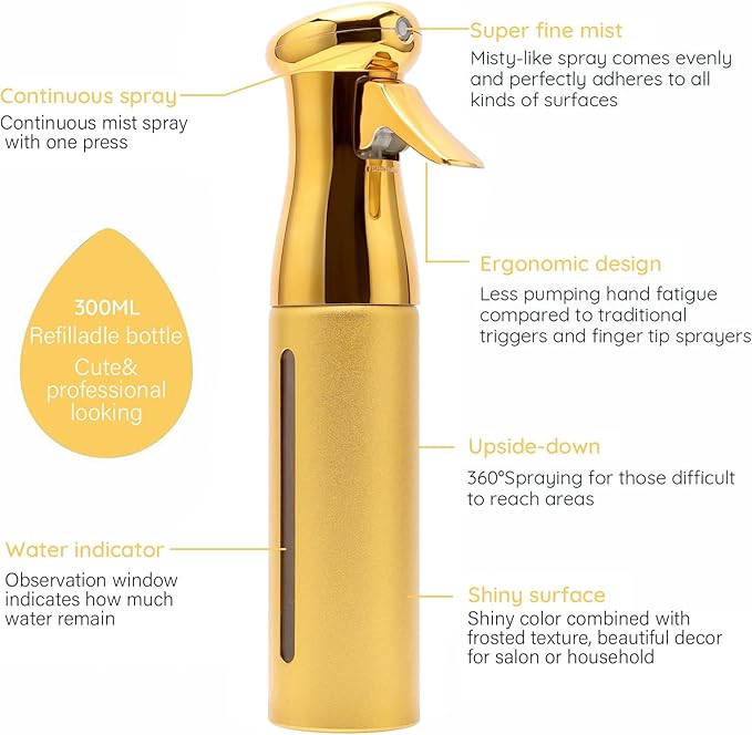 Salon Style Hair Spray Misting Bottle, Fine Mist Continuous Spray Bottle，10 Oz Shiny Aerosol Free Water Mister for hairstyling,Cleaning Solutions Dispensing (Gold)