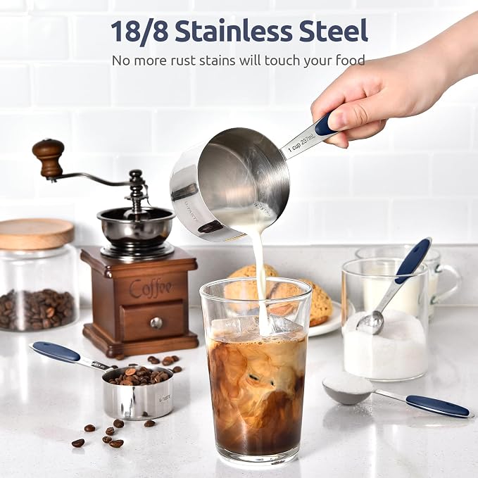 U-Taste Measuring Cups and Spoons: Food Grade 18/8 Stainless Steel Metal Measure Cups and Spoons Set of 10, Upgraded Thickness Handle (Midnight Blue)
