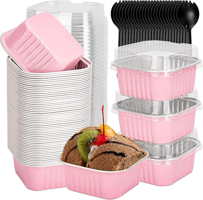 selizo 60 Pack 5oz Mini Disposable Cake Pans with Lids, Aluminum Foil Square Baking Cups, 3.5x3.5 Small Baking Cake Tins Cup Cake Containers with Lids for Individual Cakes