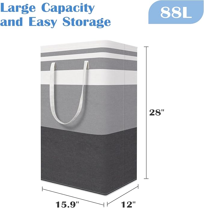 BlissTotes 3-Pack Laundry Basket, Collapsible Laundry Hamper, Grey, 88L | Laundry Clothes Hamper, Hampers for Bedroom, Freestanding Hamper with Handles, Clothes Laundry Basket