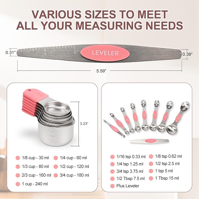 16-Piece Stainless Steel Measuring Cups and Spoons Set, Strong Magnetic Nesting Design 7 Cups 8 Spoons with Leveler, Double Measurement Markings for Dry & Liquid Ingredients, Pink