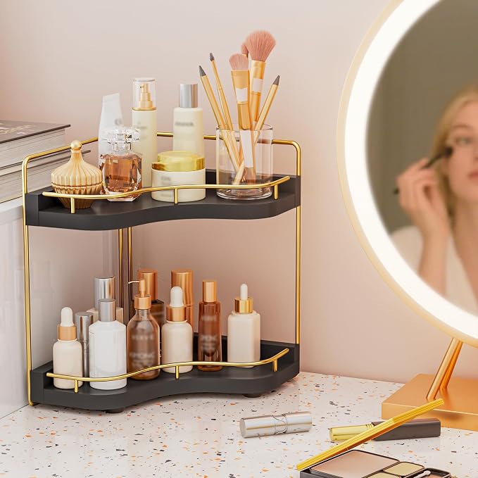 2-Tier Corner Bathroom Counter Organizer, Larger Size | Embedded Screw Holes, Sturdy & Stable, Oversized, Holds More, Vanity Shelf for Makeup & Skincare, Black Gold